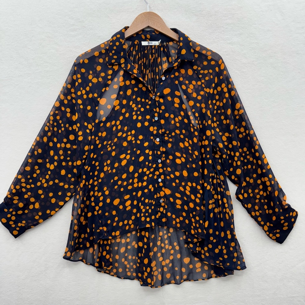 Aria Women's Medium Blue Gold Polka Dot Sheer Swing With Cutouts Blouse